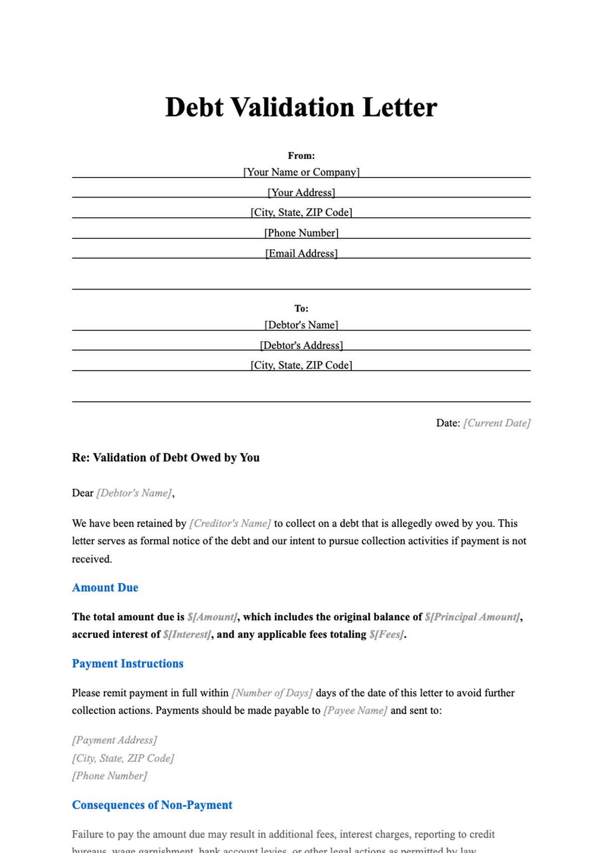 Formal debt collection letter template with fillable fields and legal notice_variant_3